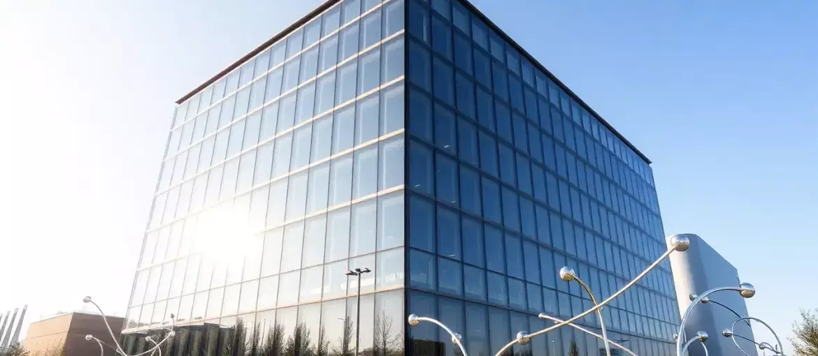 Edificio moderno de vidrio con esculturas metálicas minimalistas que simbolizan circuitos, representando innovación financiera.