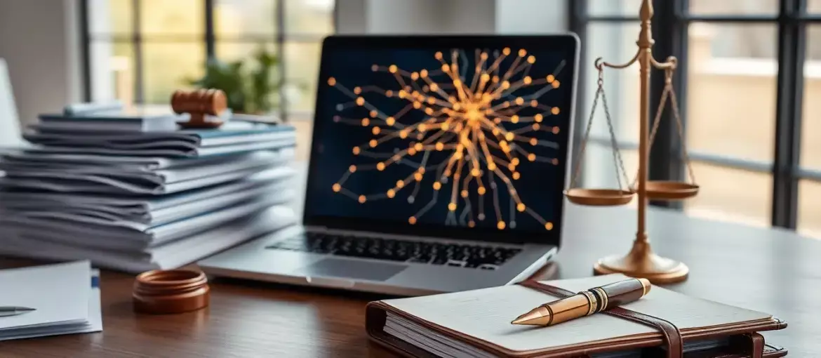 Espacio de trabajo moderno con laptop y red neuronal, documentos legales, balanza de justicia y pluma en cuaderno.