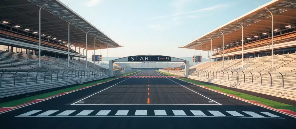 Vista aérea de pista de carreras moderna con líneas de salida y meta, simbolizando competencia y progreso financiero.