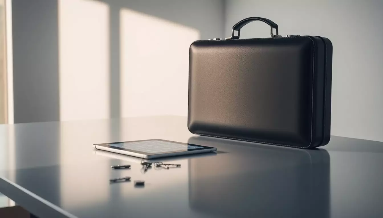 Escritorio moderno con maletín, tablet segura y escáner de huellas, simbolizando protección financiera y vigilancia profesional.