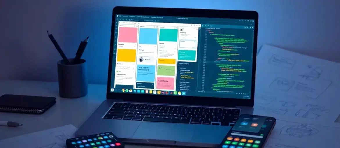 Espacio de trabajo con laptop moderna mostrando wireframes y código para desarrollo de aplicaciones financieras en Latinoamérica.