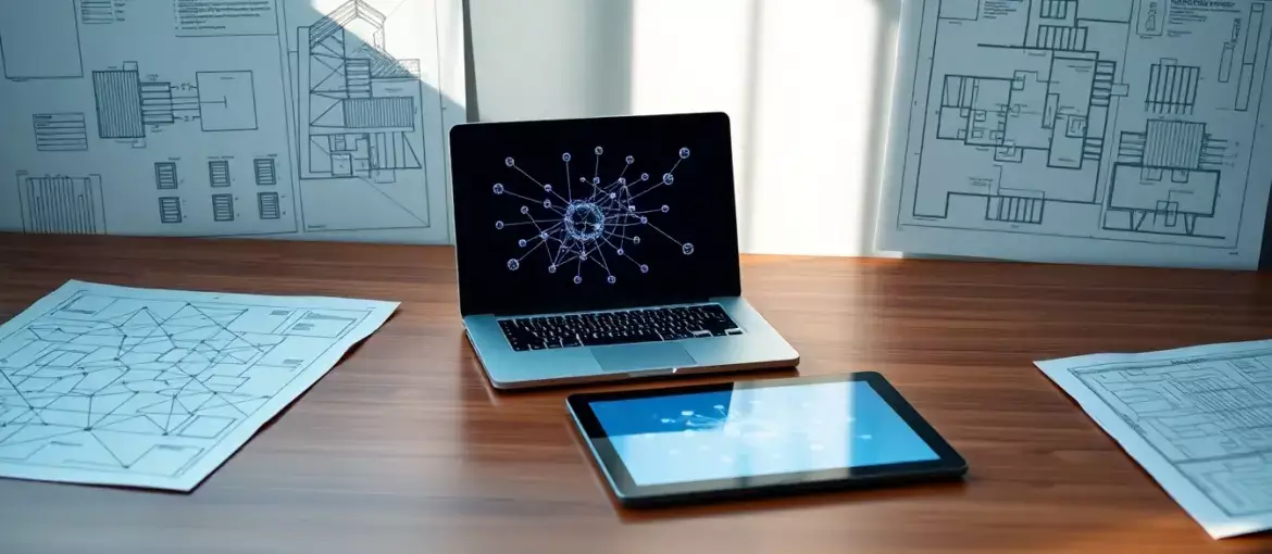 Espacio de trabajo moderno con escritorio de madera, laptop con diagramas de red y planos arquitectónicos organizados.