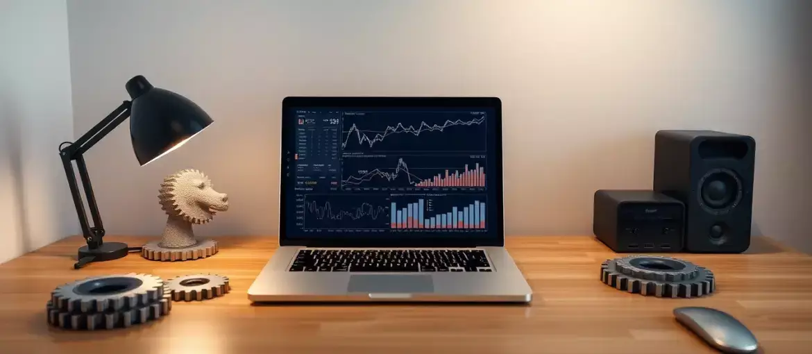 Espacio de trabajo moderno con laptop mostrando gráficos financieros y elementos de automatización en escritorio ordenado.