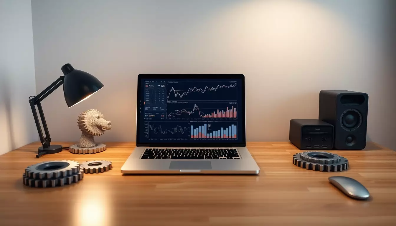 Espacio de trabajo moderno con laptop mostrando gráficos financieros y elementos de automatización en escritorio ordenado.