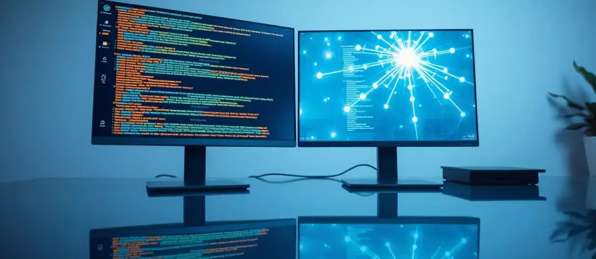 Espacio de trabajo moderno con doble monitor mostrando código y red digital, simbolizando eficiencia en integración tributaria.