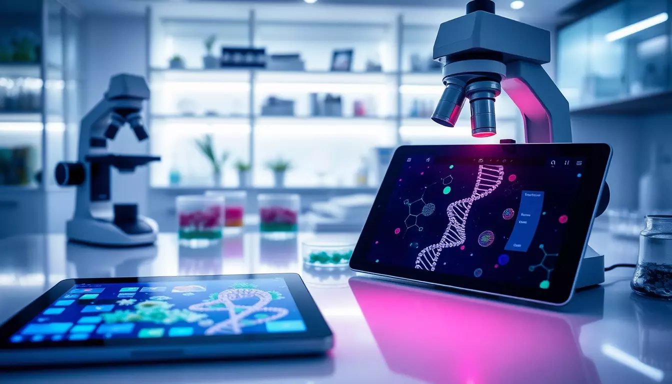 Espacio de laboratorio moderno con microscopio, placas de Petri con cultivos microbianos y tablet digital con ADN.