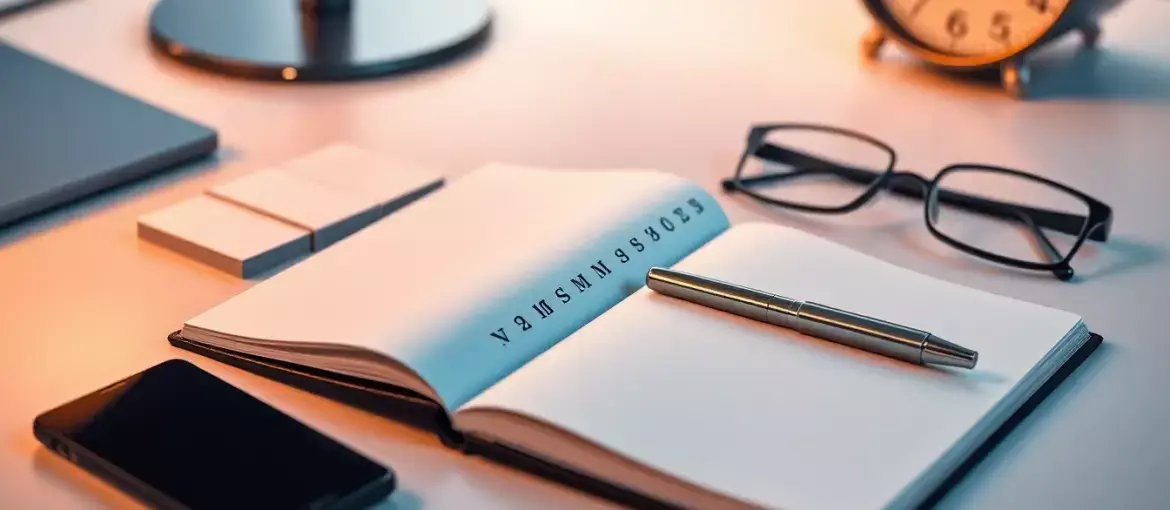 Escritorio moderno con tarjetas de negocios, bolígrafo, gafas y reloj, transmitiendo profesionalismo en finanzas y tributación.