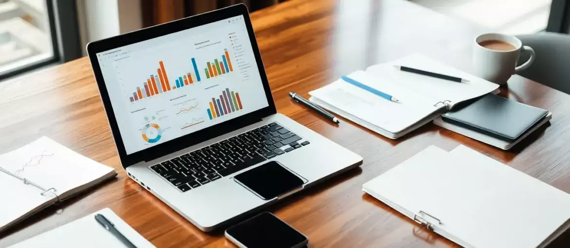 Espacio de trabajo moderno con laptop, gráficos financieros, cuadernos organizados y café, destacando planificación estratégica.