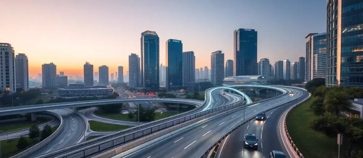 Ciudad futurista al atardecer con infraestructura vial inteligente, vehículos eléctricos autónomos y espacios urbanos verdes.