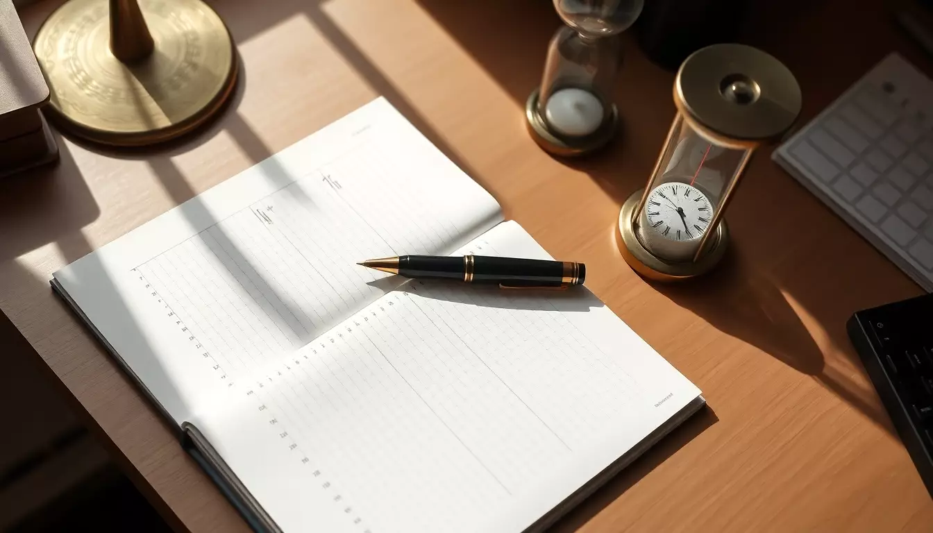 Escritorio ordenado con agenda abierta, lapicero elegante y reloj de arena, iluminado con luz natural suave.