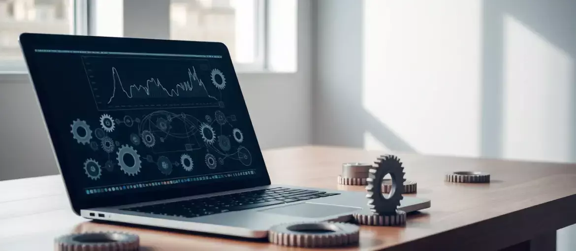 Escritorio moderno con laptop mostrando gráficos y engranajes interconectados, simbolizando automatización eficiente.