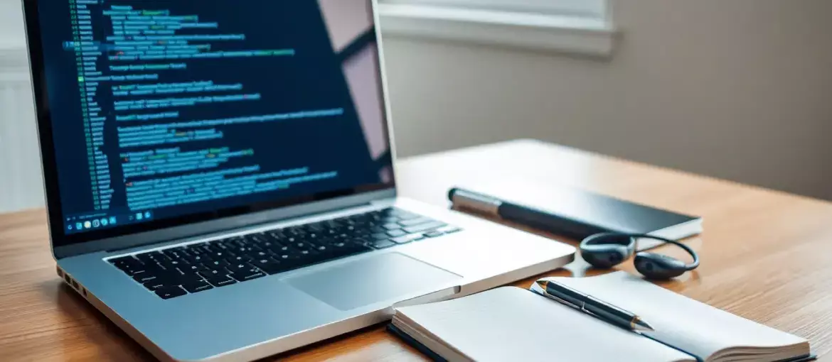Espacio de trabajo moderno con laptop mostrando código, cuaderno organizado, auriculares inalámbricos y luz natural profesional.