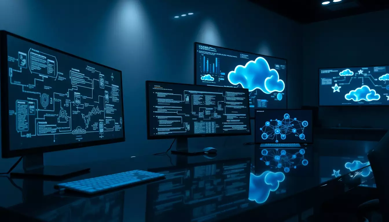 Espacio de trabajo moderno con monitores mostrando diagramas de flujo de datos y redes en entorno digital sofisticado.