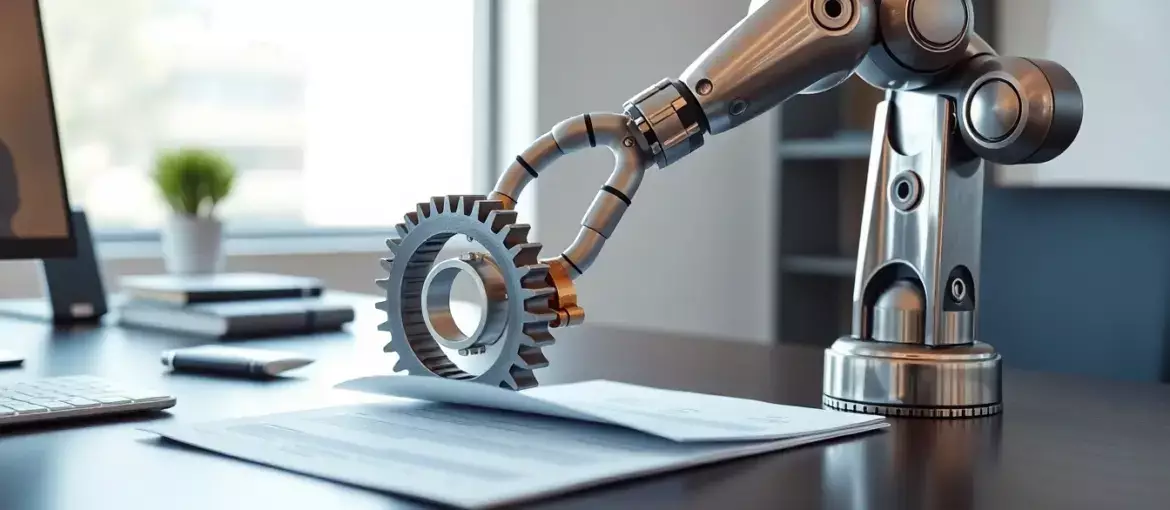 Escritorio moderno con engranajes mecánicos y brazo robótico sobre documentos legales en oficina profesional iluminada naturalmente.