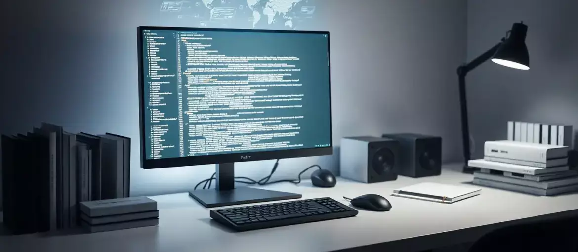Espacio de trabajo moderno con código complejo en pantalla, libros técnicos y hologramas digitales en escritorio ordenado.