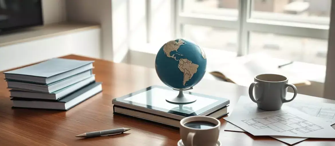 Espacio de trabajo moderno con escritorio de madera, tablet digital, globito de Sudamérica y planos bajo luz natural, creatividad financiera.