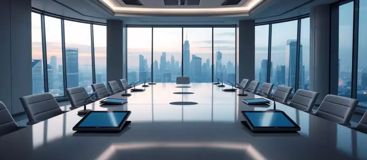 Mesa de conferencia moderna con micrófonos y tabletas digitales en sala minimalista con vista a ciudad futurista al atardecer.