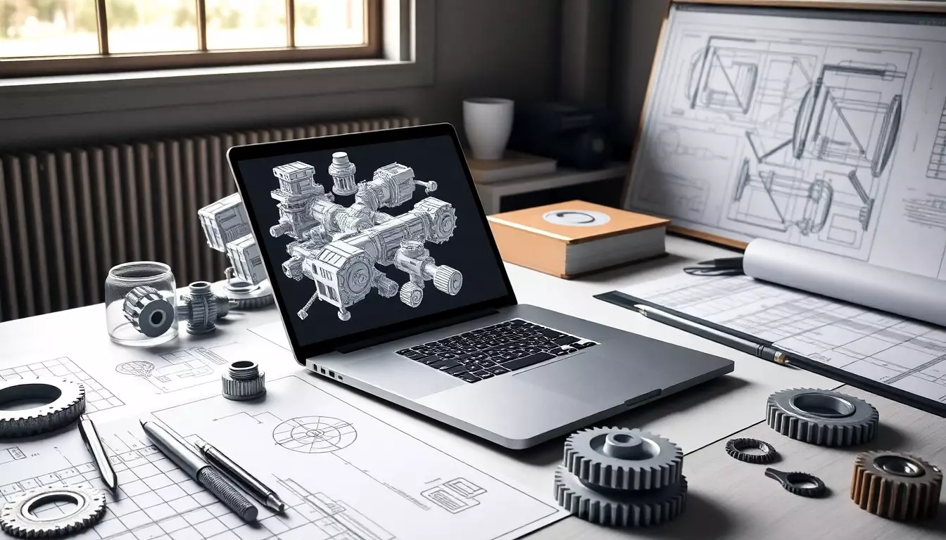 Espacio de trabajo moderno con laptop abierta en modelos 3D, planos y herramientas de precisión, iluminación natural que sugiere tecnología avanzada.