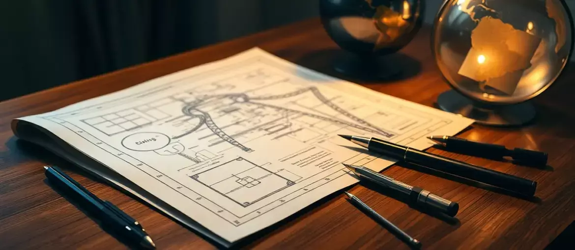 Planos azules vintage iluminados y herramientas de dibujo sobre escritorio de madera con globo metálico y luz suave.