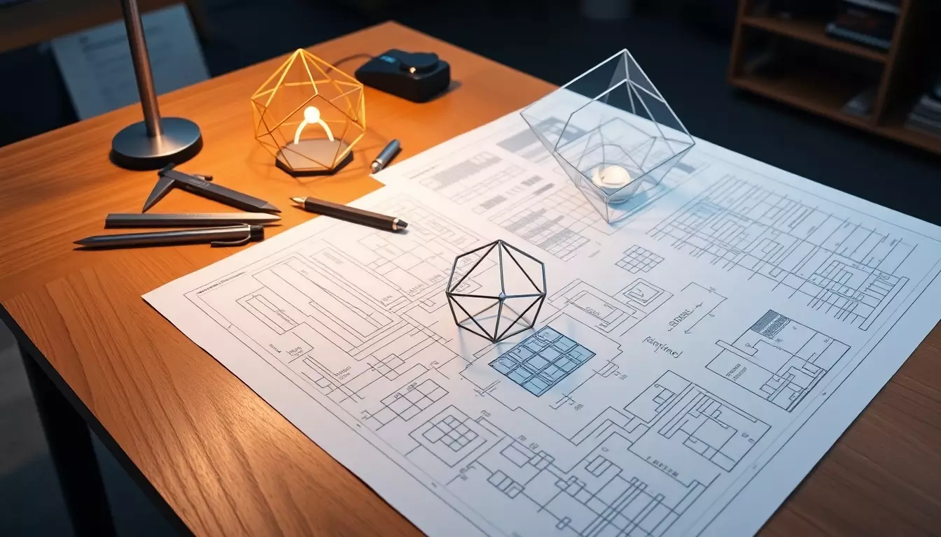 Espacio moderno con escritorio de madera, planos técnicos, herramientas de ingeniería y modelo geométrico iluminado que refleja innovación.
