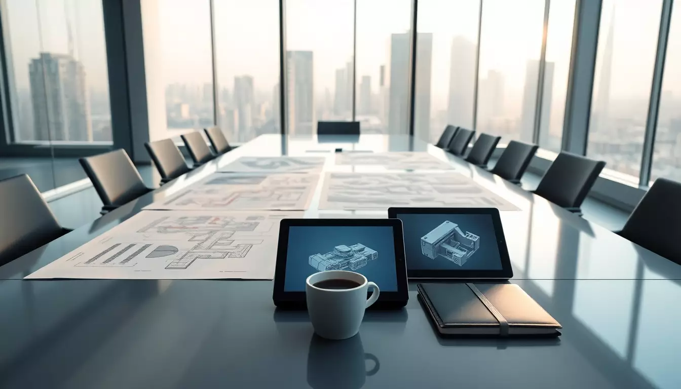 Mesa moderna en sala de juntas con planos de ingeniería, tabletas digitales y coffee cup frente a ventana con vista a ciudad futurista.