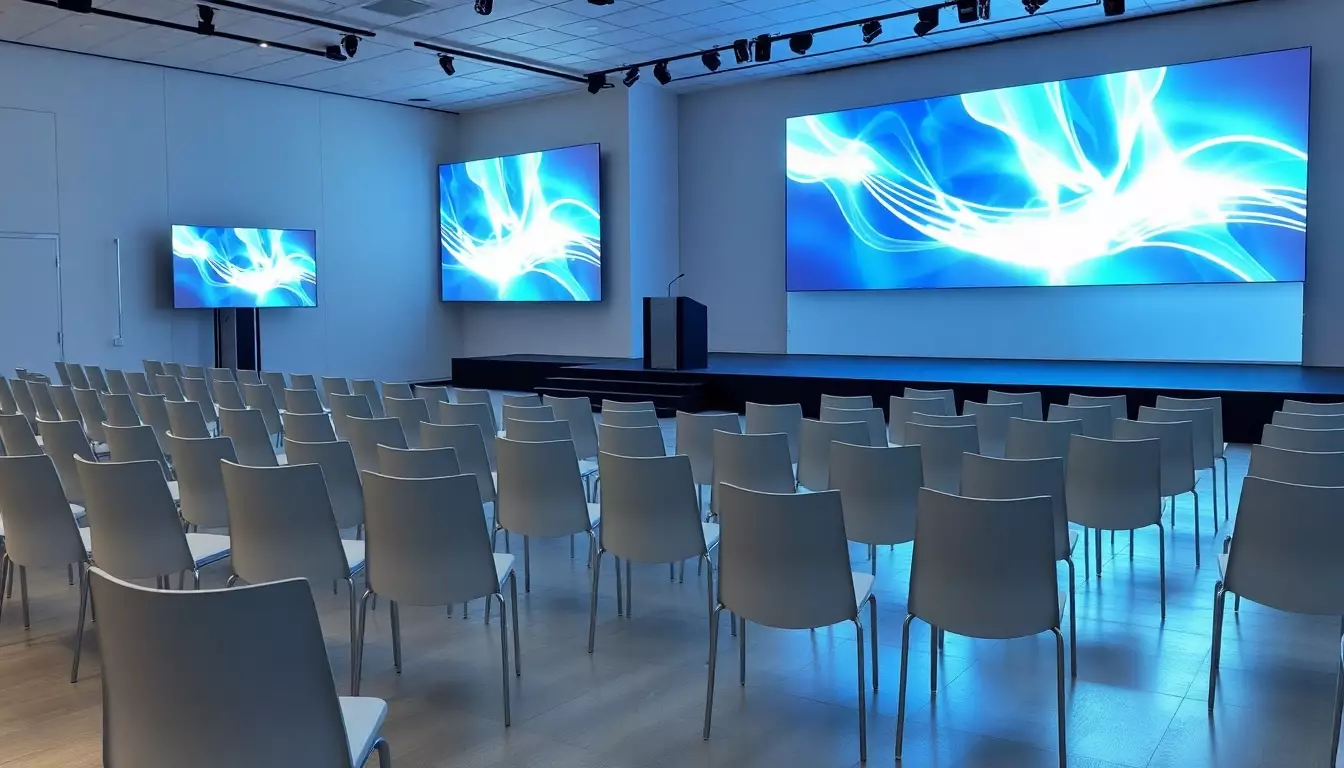 Escenario moderno para conferencias legales con podio pulido, sillas minimalistas y pantallas digitales en tonos azules.