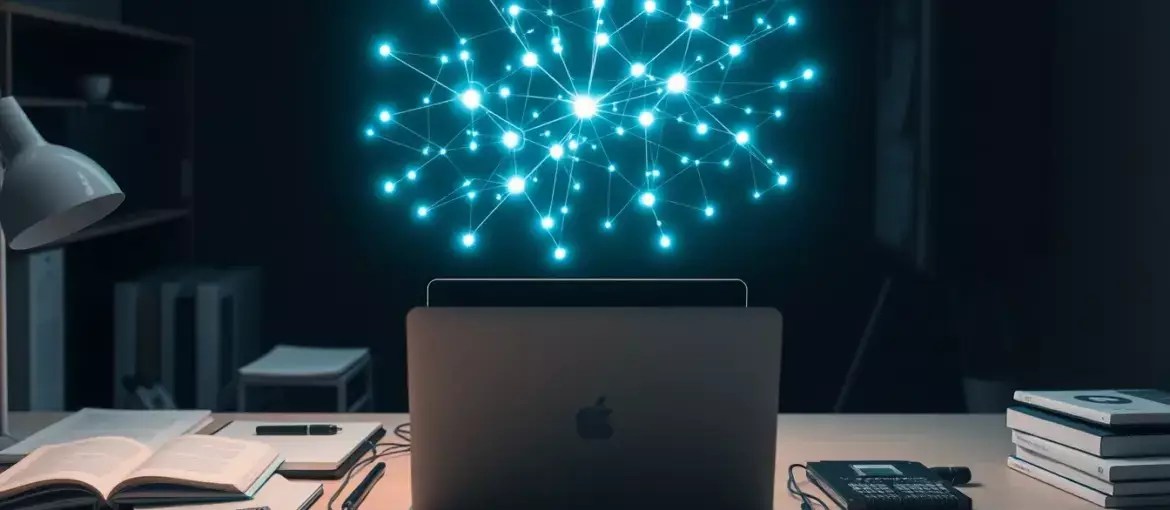 Espacio de trabajo moderno con holograma de red neuronal sobre laptop, libros técnicos y placas de circuito en iluminación tenue.