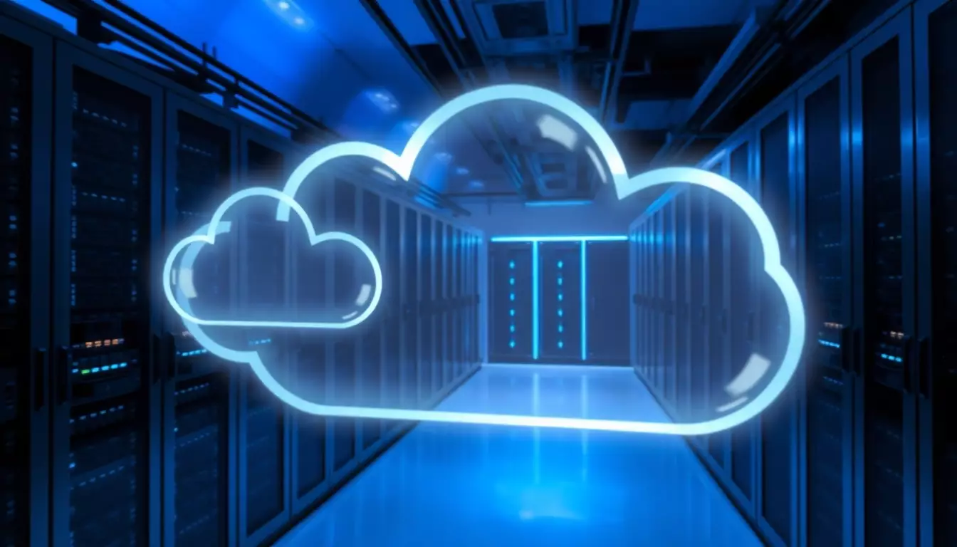 Sala de servidores moderna con hologramas de nubes que simbolizan la integración de infraestructura y tecnologías en la nube.