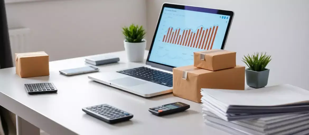 Escritorio moderno con pedidos, laptop con gráficos financieros y documentos organizados bajo luz natural en ambiente profesional.