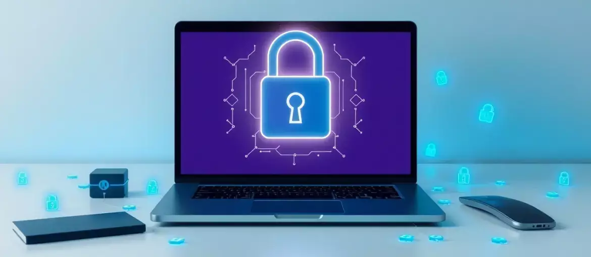 Espacio de trabajo moderno con laptop cerrada y holograma de candado digital, mostrando seguridad informática avanzada.