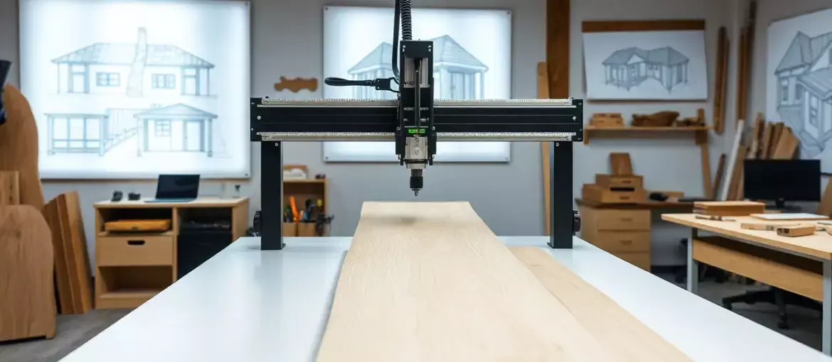 Espacio de trabajo moderno con máquina CNC cortando madera, herramientas ordenadas y planos digitales en un taller bien iluminado.