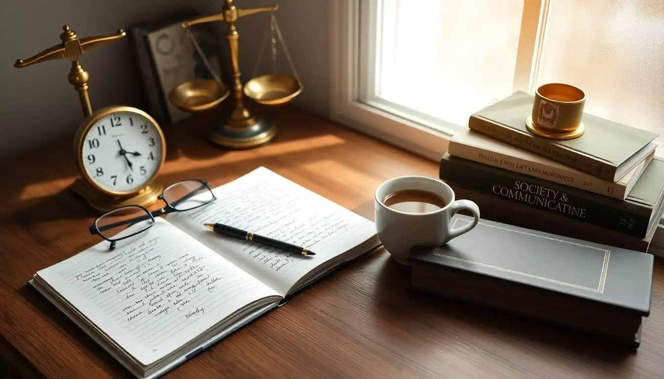Escritorio ordenado con notas manuscritas, gafas, balanza antigua de bronce y libros sobre sociedad iluminados por luz natural.