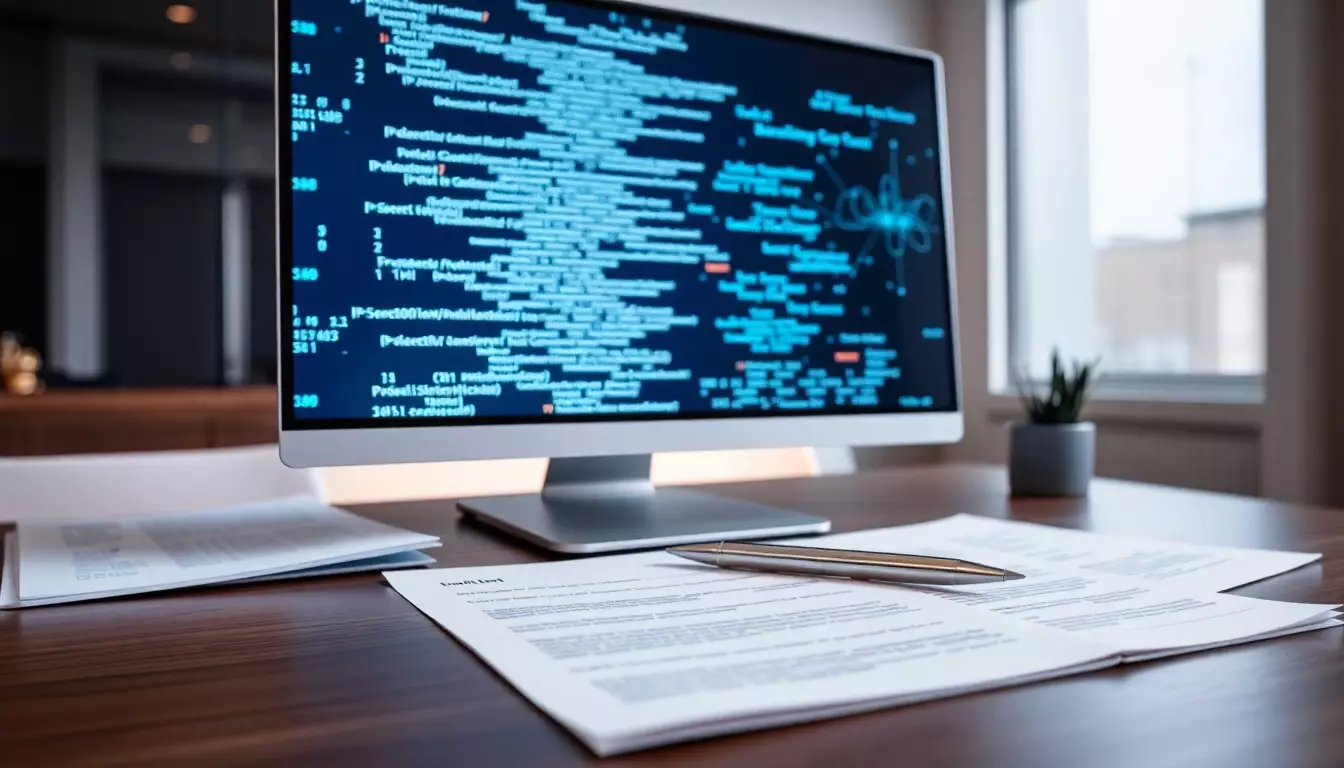 Espacio de trabajo moderno con pantalla mostrando código digital complejo, documentos financieros y luz ambiental suave.