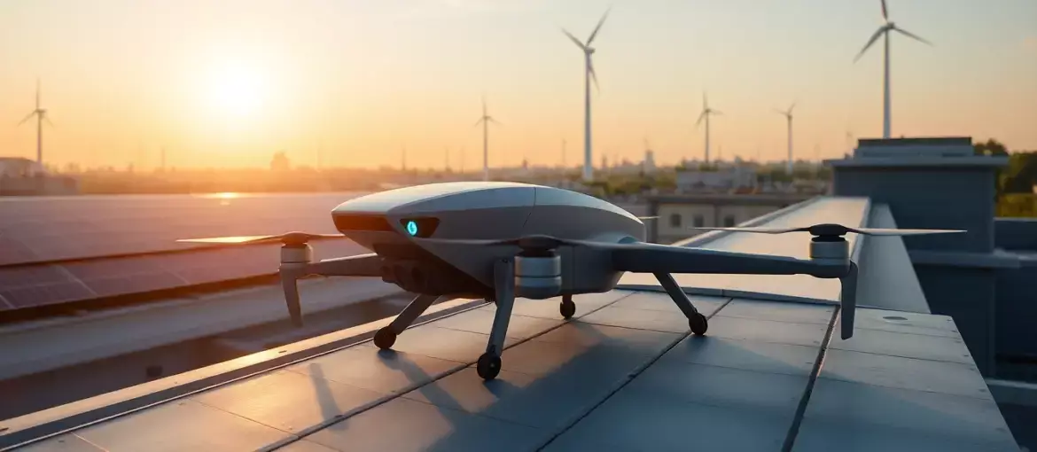 Dron eléctrico de entrega sobre azotea con paneles solares y turbinas eólicas al amanecer en paisaje urbano moderno.