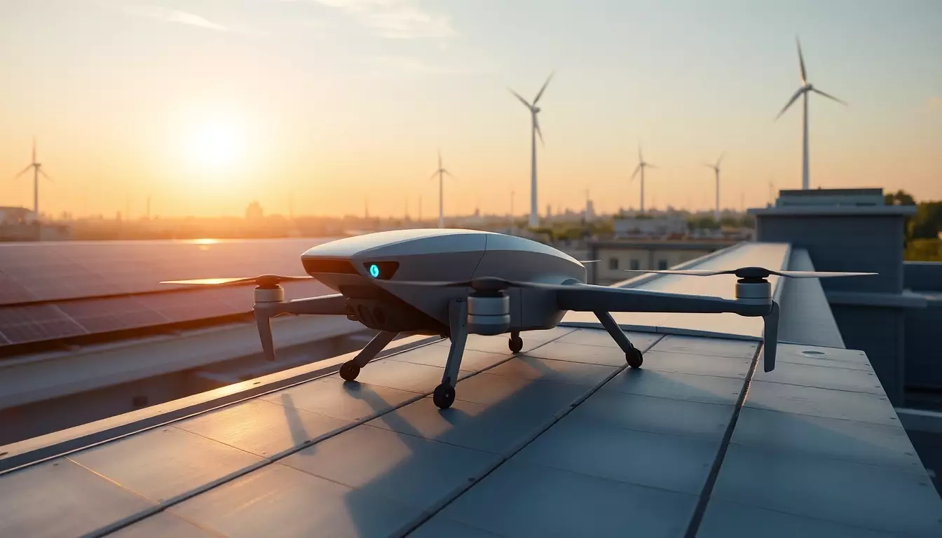 Dron eléctrico de entrega sobre azotea con paneles solares y turbinas eólicas al amanecer en paisaje urbano moderno.