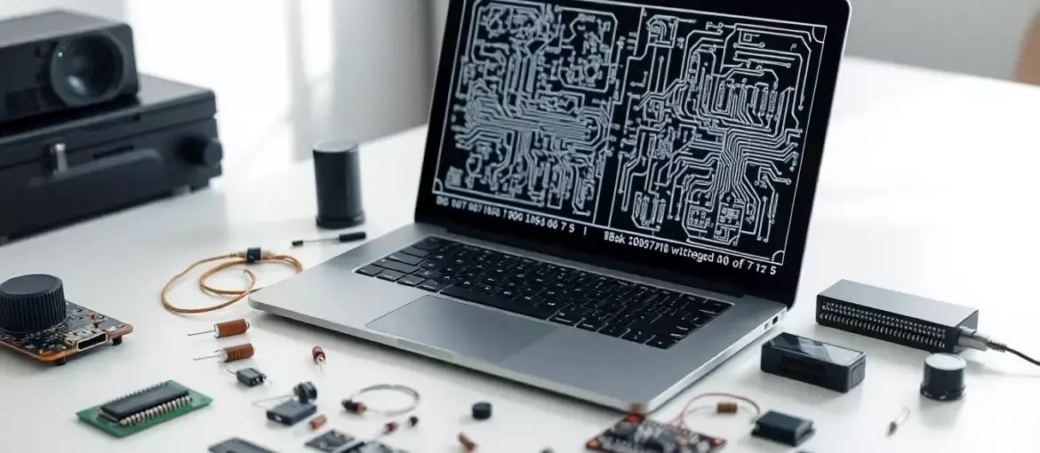 Espacio de trabajo moderno con laptop mostrando diagramas electrónicos y componentes, ideal para análisis financiero en oficina.