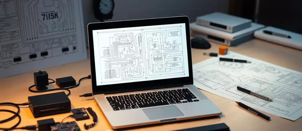 Espacio de trabajo ordenado con laptop moderna, diagramas electrónicos complejos y herramientas de precisión bajo luz focalizada.
