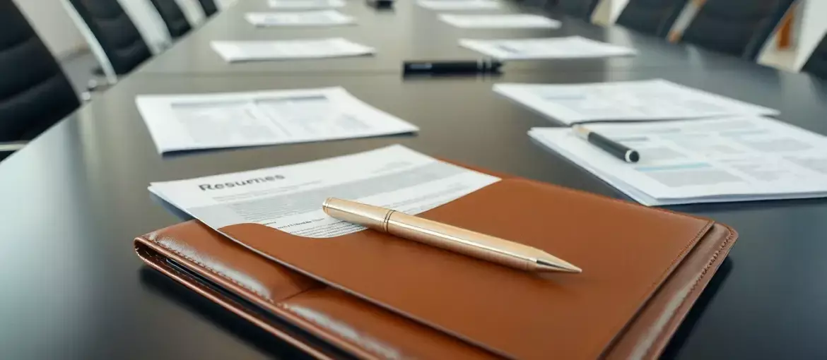 Mesa moderna de conferencia con currículos ordenados y documentos profesionales en oficina formal de México.