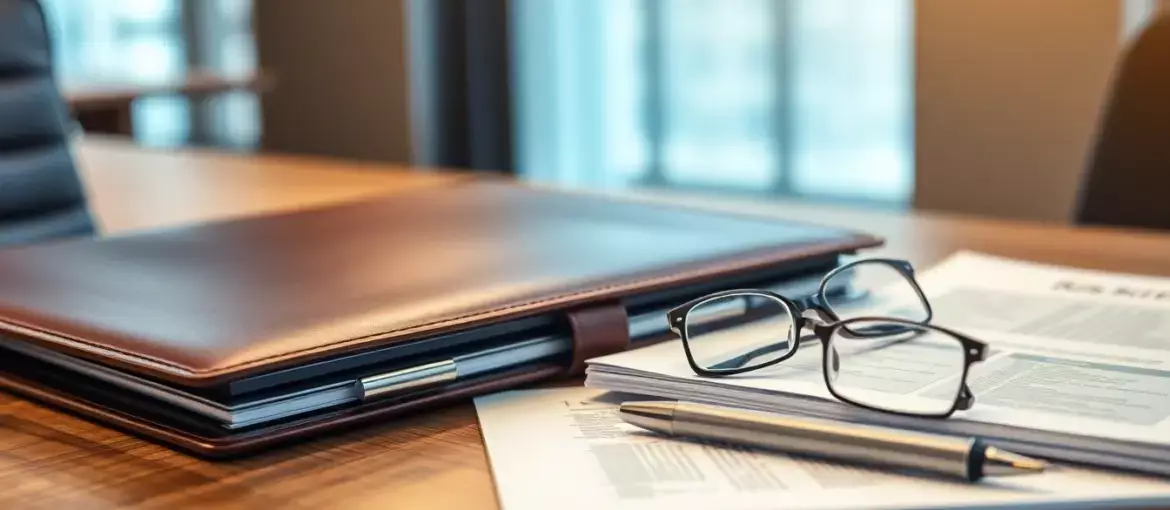 Escritorio ejecutivo con portafolio de cuero abierto, bolígrafo plateado, currículums ordenados y gafas en oficina corporativa.