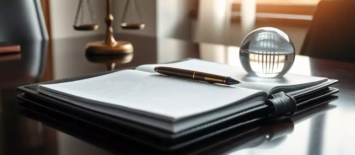 Escritorio ejecutivo elegante con portafolio de cuero, bloc de notas, pluma y balanza de justicia en ambiente profesional.