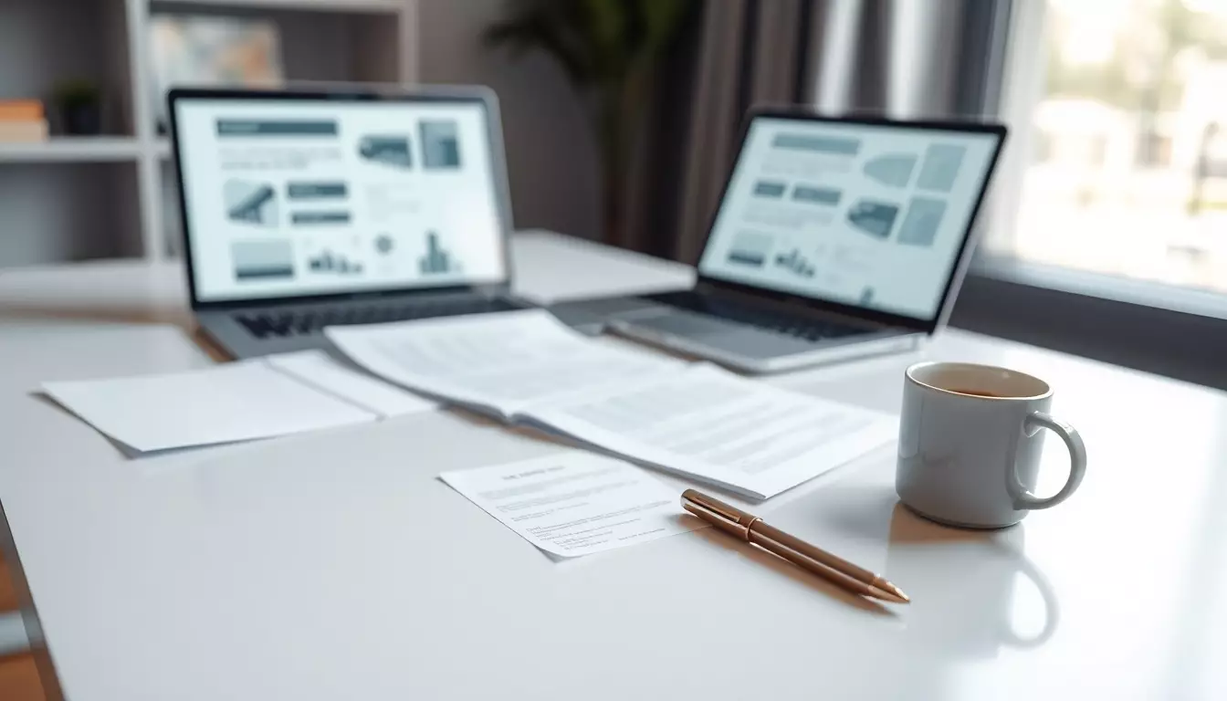Escritorio moderno con documentos legales organizados, laptop con interfaz digital y taza de café iluminados por luz natural.