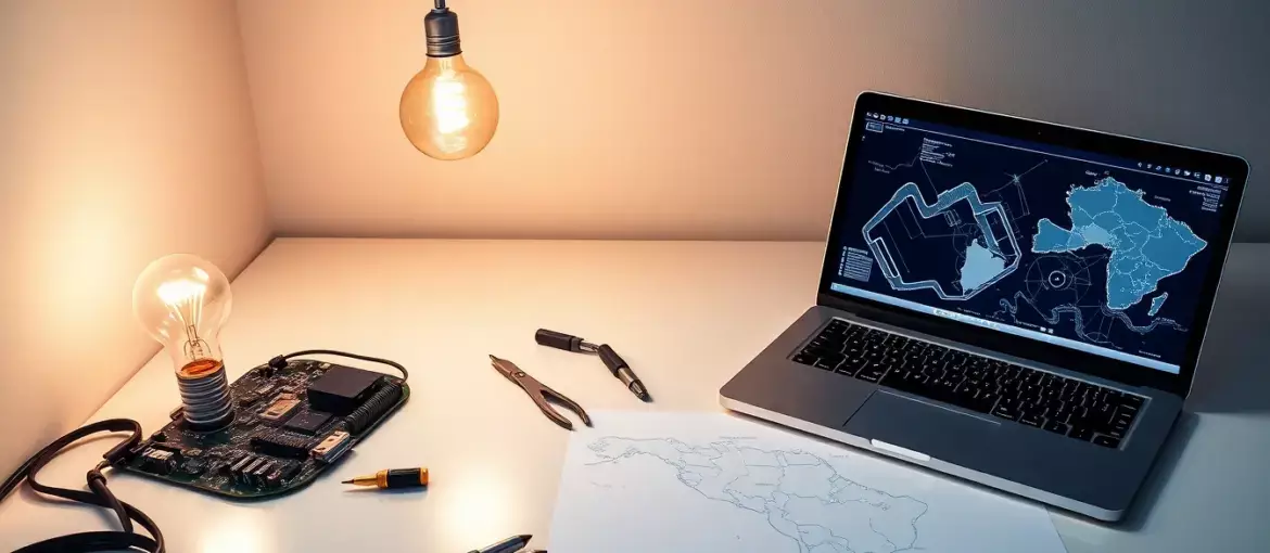 Espacio de trabajo moderno con tablero eléctrico, bombilla de innovación, herramientas de precisión y laptop con diagramas técnicos, fondo con mapa de Sudamérica.