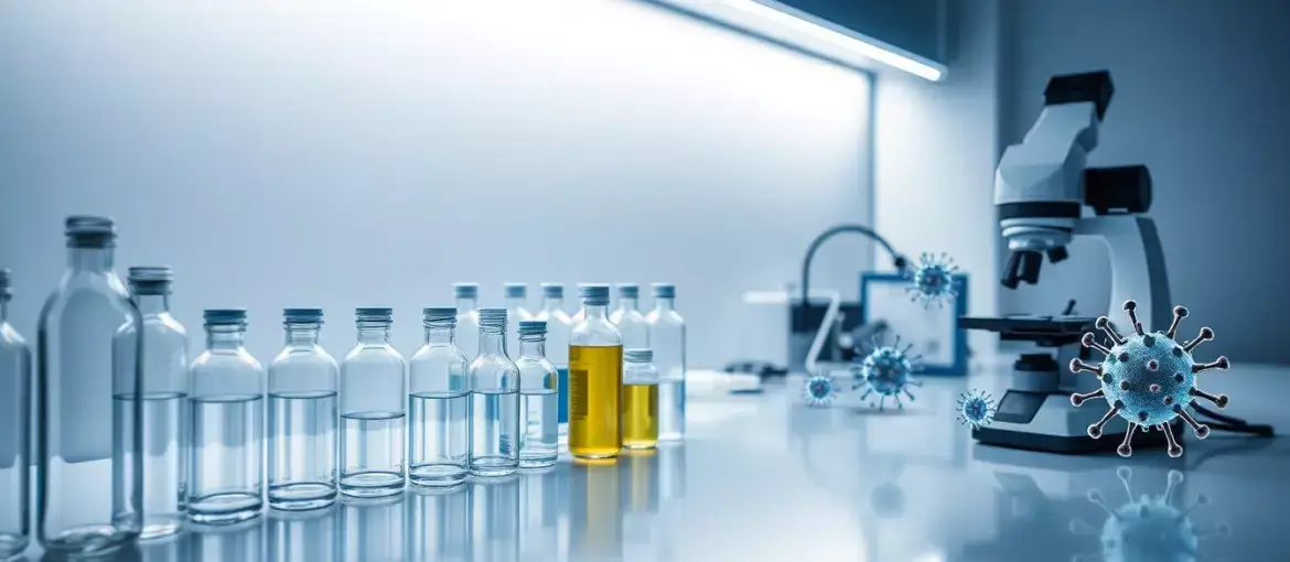 Estación de trabajo de laboratorio con viales, pipetas y microscopio digital mostrando modelos moleculares, foco en investigación biotecnológica.
