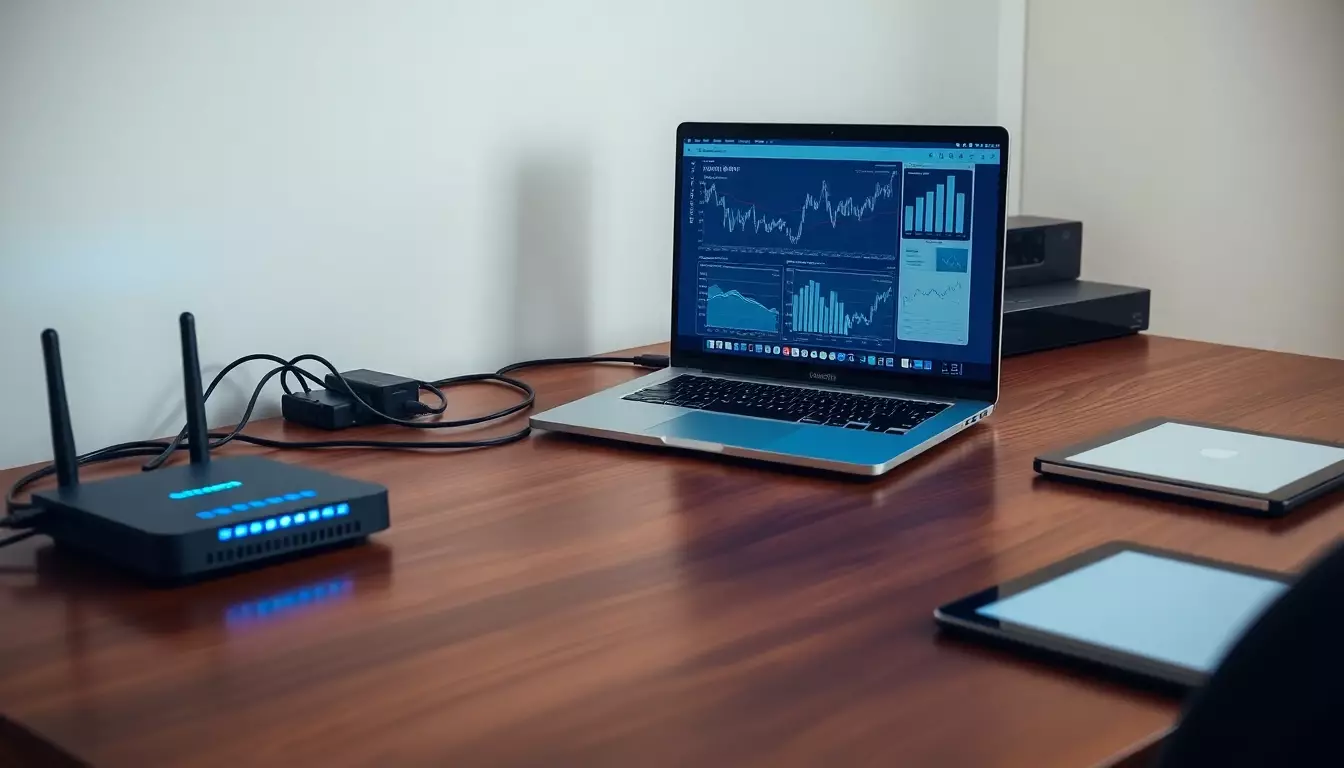 Espacio de trabajo moderno con laptop y gráficos de datos financieros, router y tablet, iluminado para precisión tecnológica.