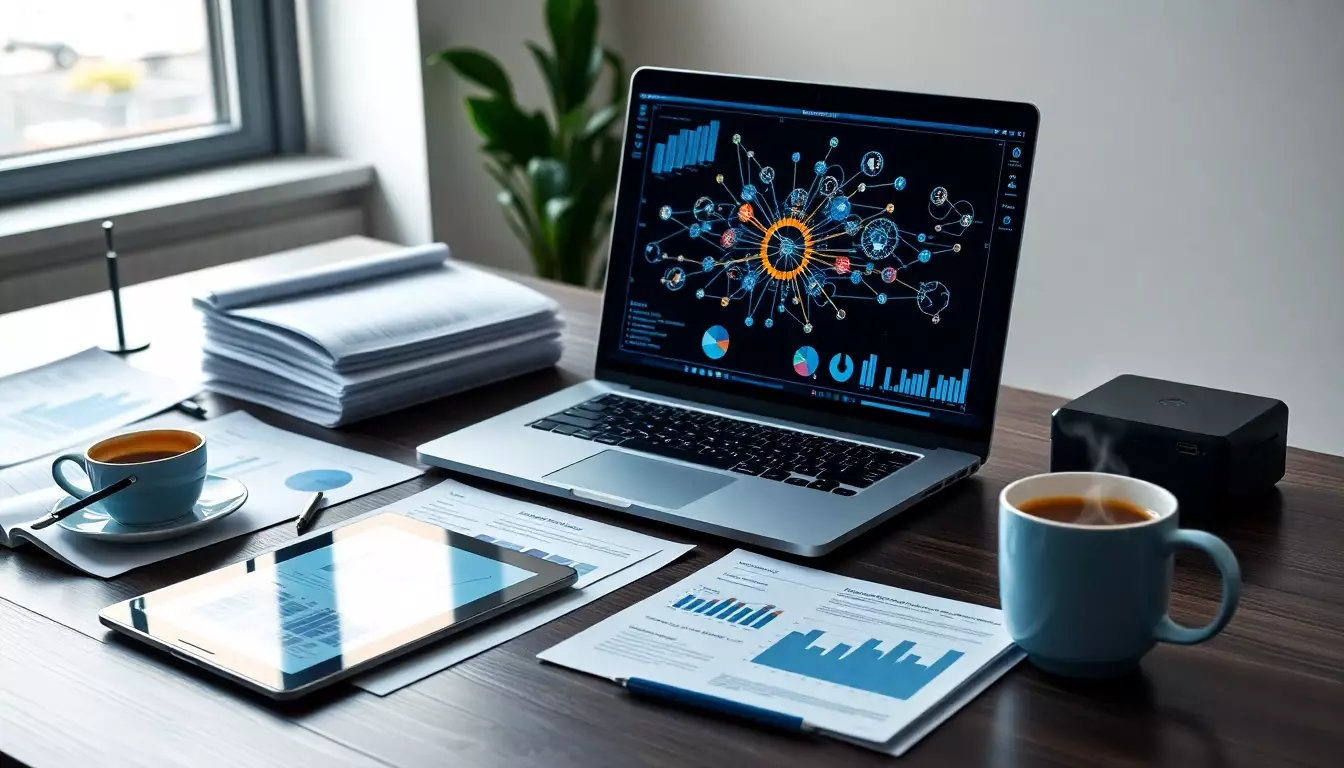 Escritorio moderno con laptop mostrando diagramas de redes, reportes financieros y tableta con análisis de datos en oficina eficiente.
