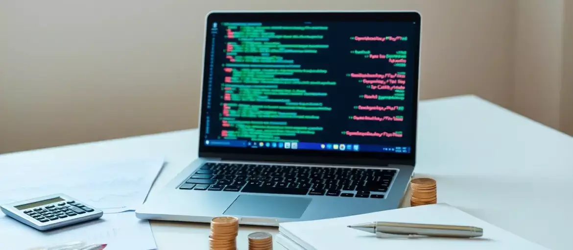 Espacio de trabajo moderno con laptop y códigos, rodeado de gráficos financieros, calculadora y monedas bajo luz natural.