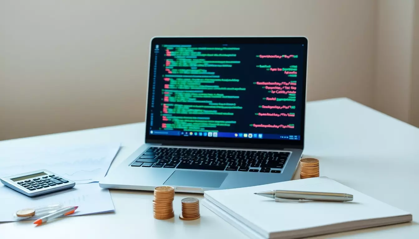Espacio de trabajo moderno con laptop y códigos, rodeado de gráficos financieros, calculadora y monedas bajo luz natural.