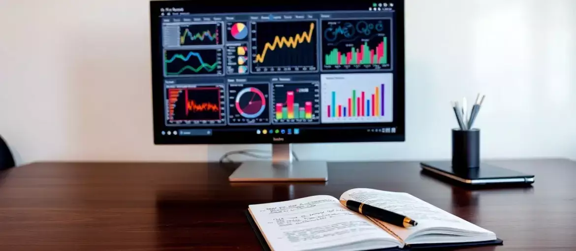 Espacio de trabajo moderno con monitor mostrando gráficos financieros y cuaderno con notas manuscritas en escritorio de madera.