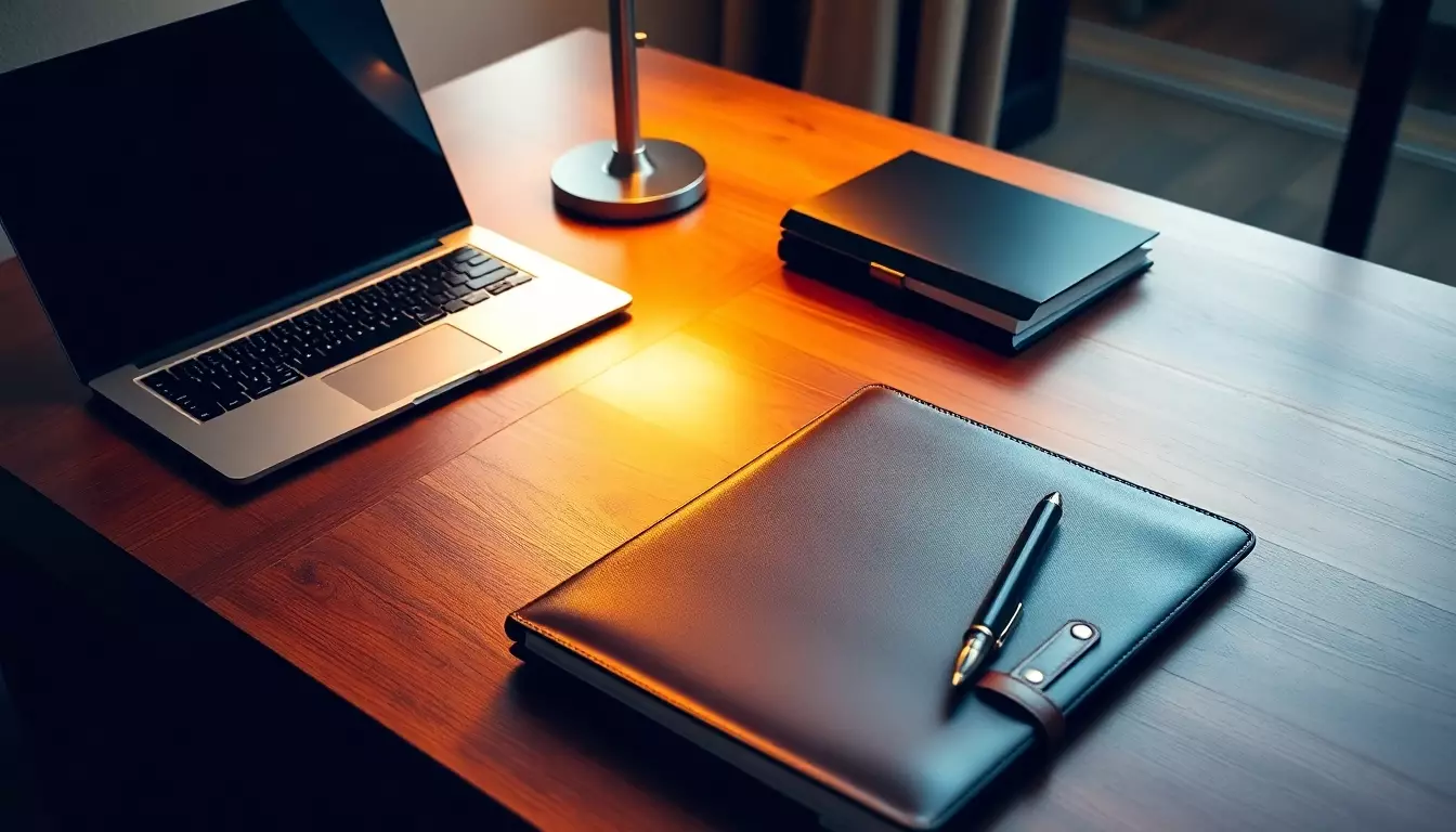 Escritorio de madera ordenado con laptop, portafolio de cuero, tarjetas de presentación y lámpara, ambiente profesional y cálido.