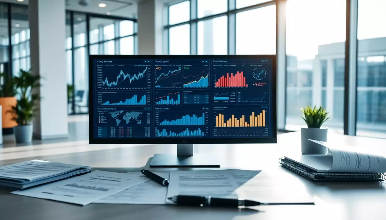 Espacio de trabajo moderno con pantalla mostrando visualizaciones financieras detalladas y documentos ordenados bajo luz natural.